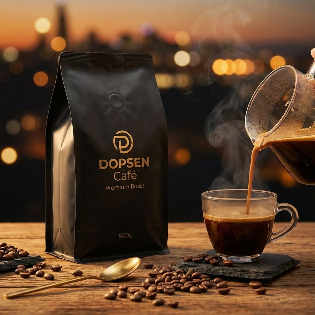 Café DOPSEN premium con taza de café servida